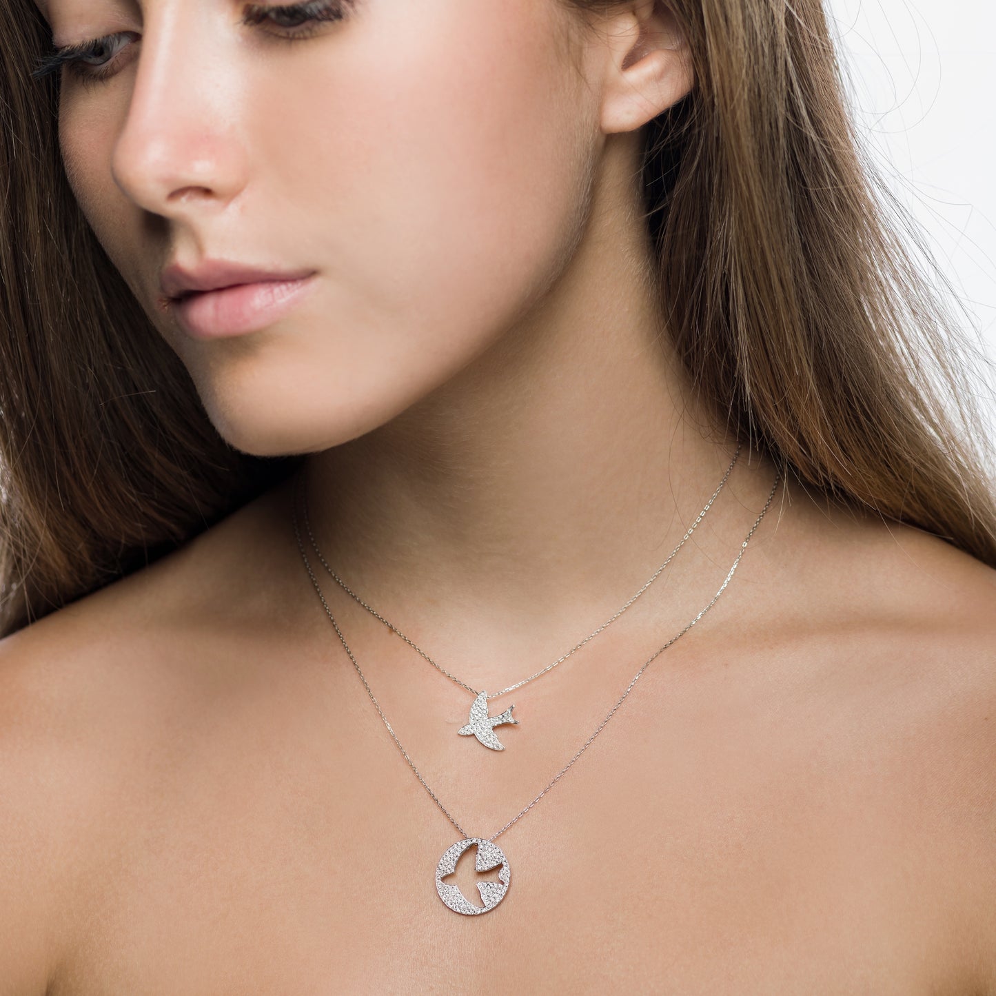 White Gold Diamond Dove Pendant Set