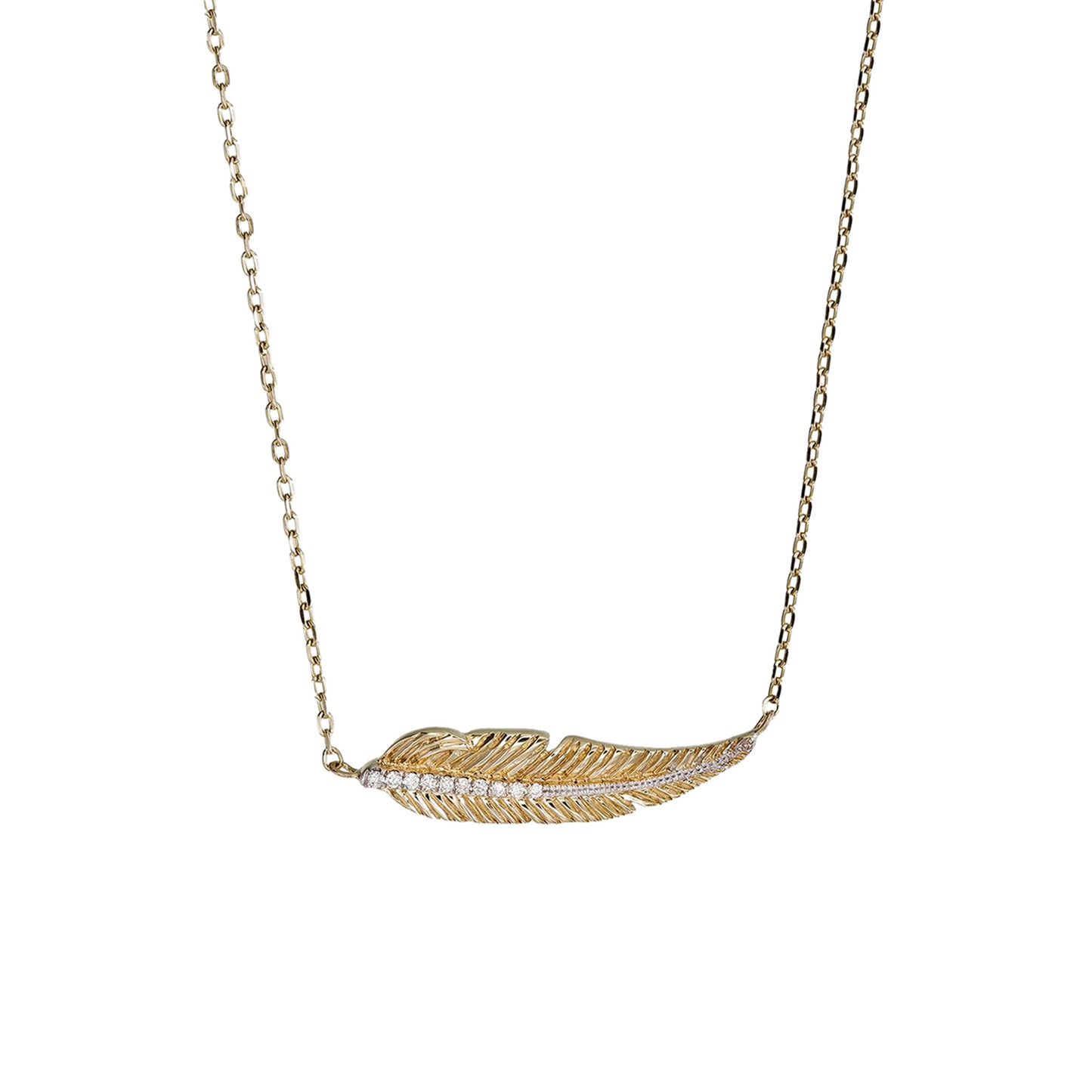 GOLD WITH DIAMOND STEM FEATHER NECKLACE