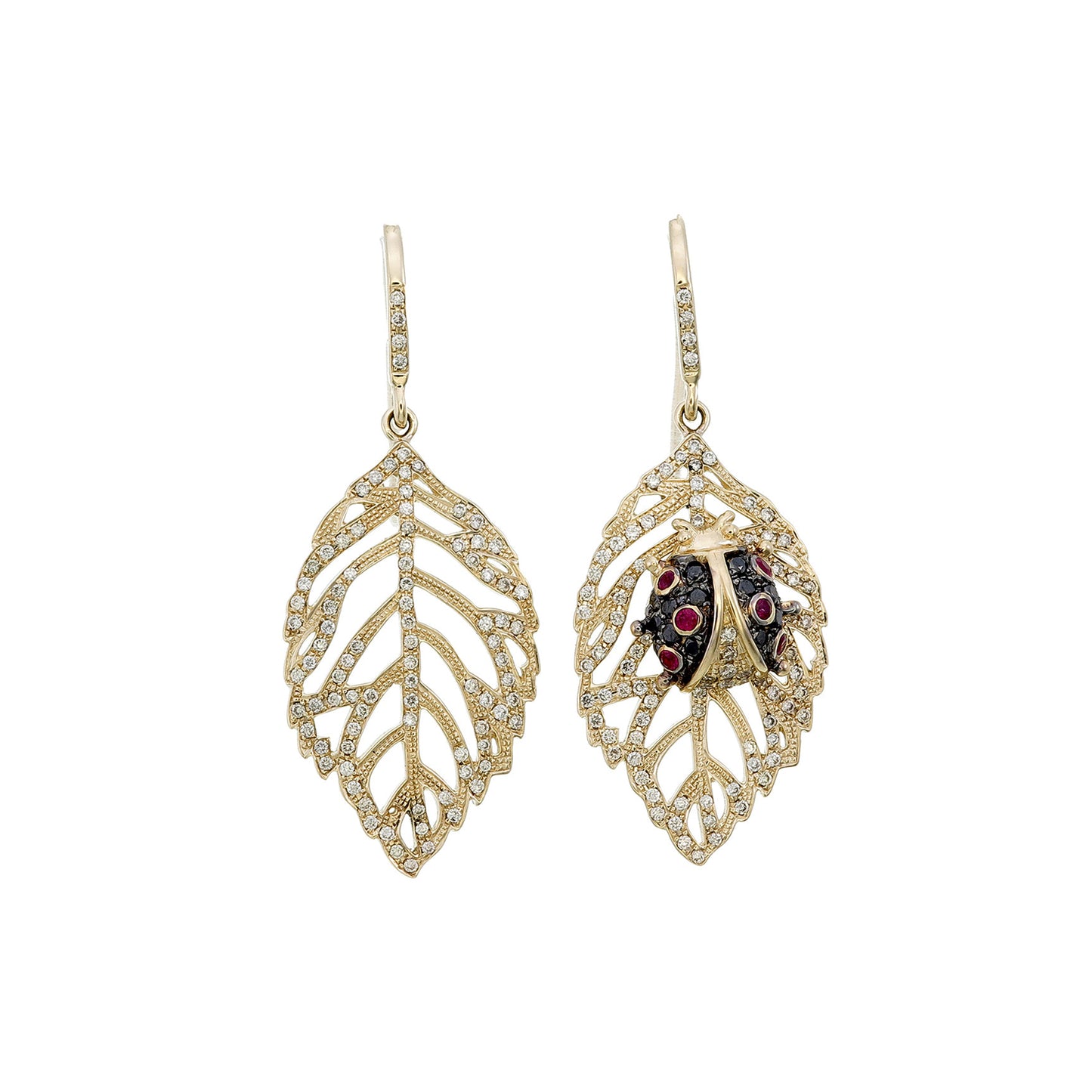 DIAMOND AND RUBY LADYBIRD AND LEAF EARRING